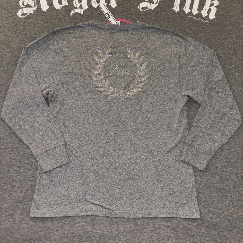NWT Victoria’s Secret PINK Bling Glitter Shine Crest Logo Long Sleeve Tee - SM